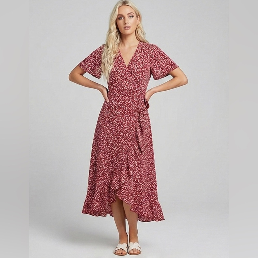 Ditsy Floral Print Split Sleeve Knot Side Wrap Dress